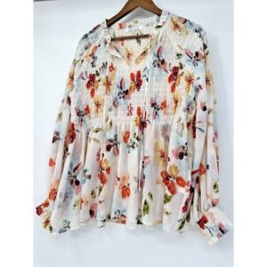 Rose & Olive Sheer Floral Smocked Babydoll Blouse Long Sleeve Boho Peasant Tunic